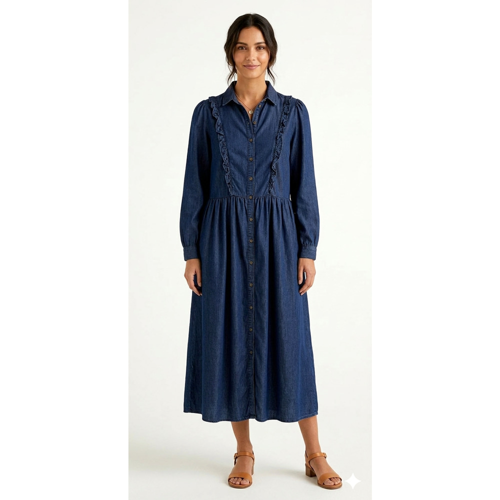 BENETTON Blue Ruffle Long Sleeves Dropwaist Chambray Lycocell Denim Midi Dress M